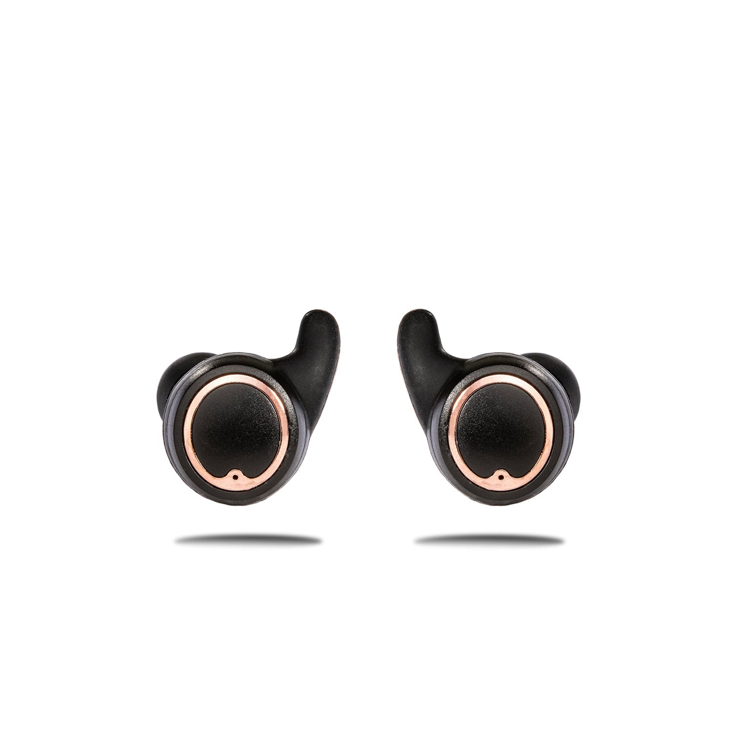Black wireless earbuds with rose gold accents on a white background