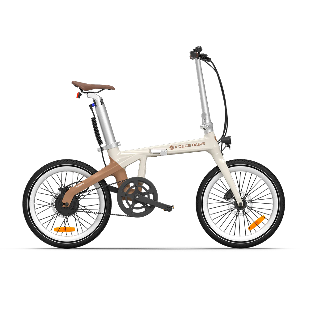 White folding bicycle with brown seat on a white background
