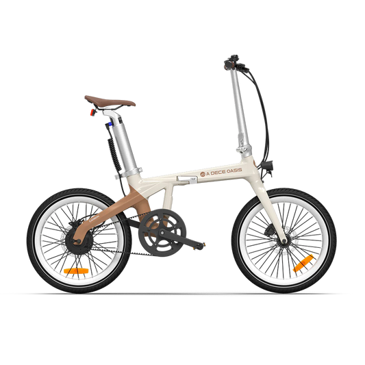 White folding bicycle with brown seat on a white background