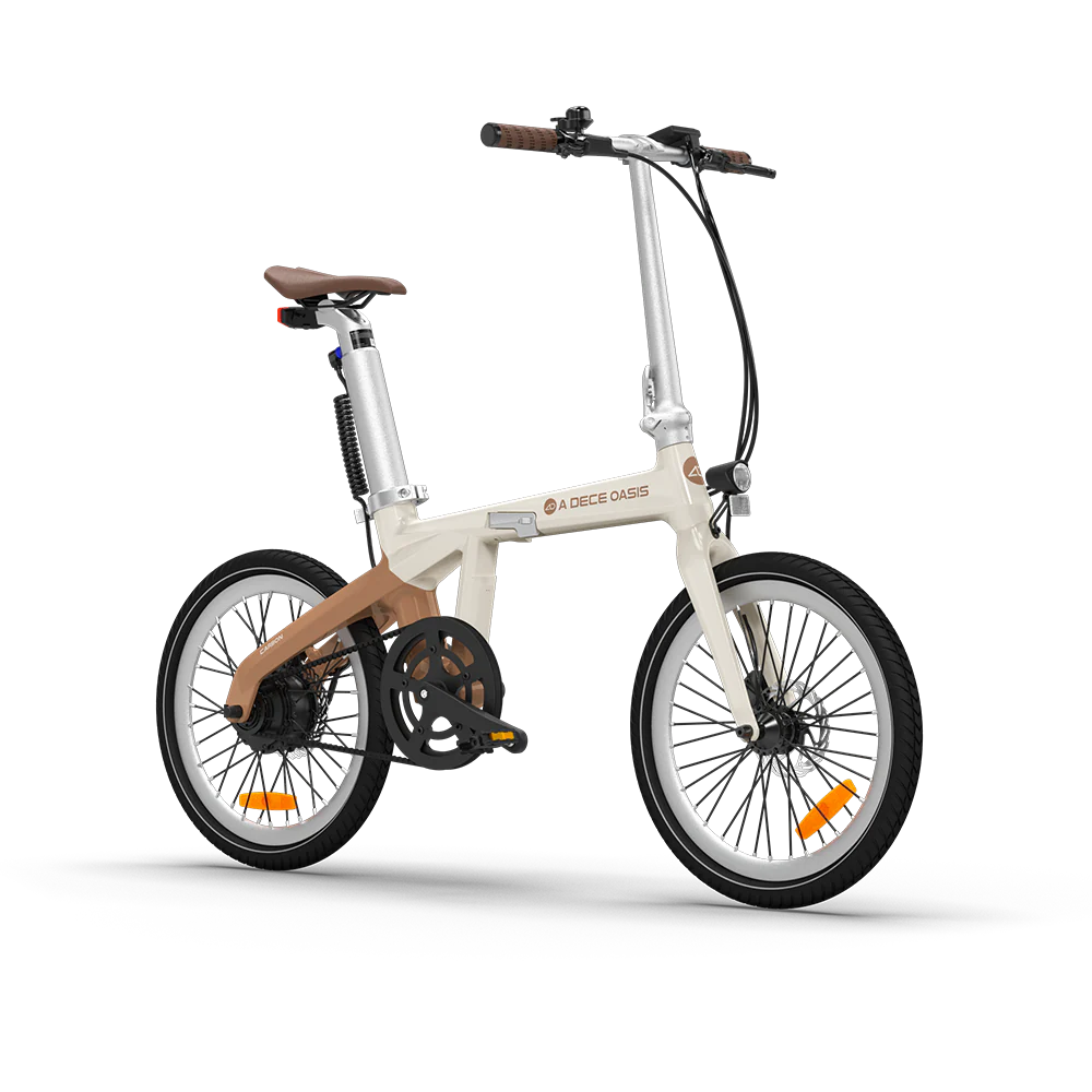 White electric bike with brown accents on a white background