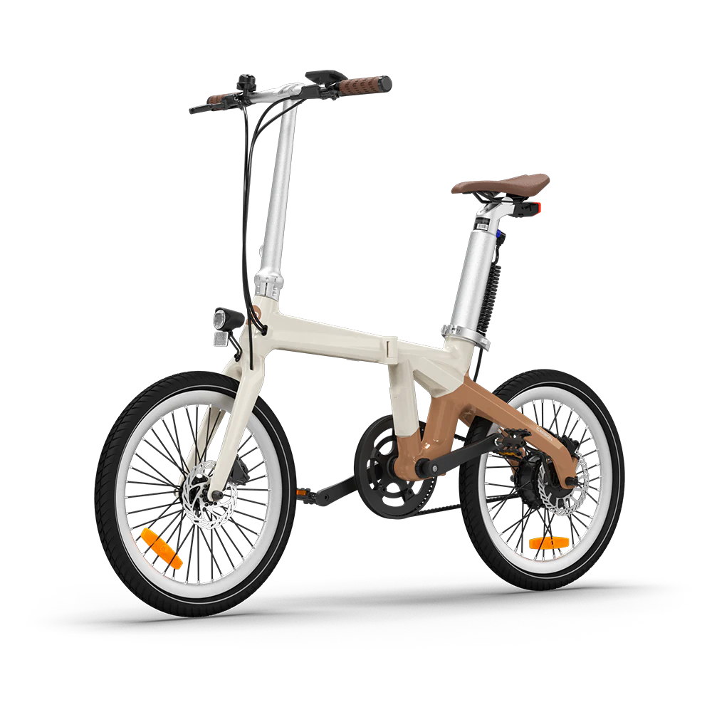 Foldable bicycle with white frame and brown accents on a white background