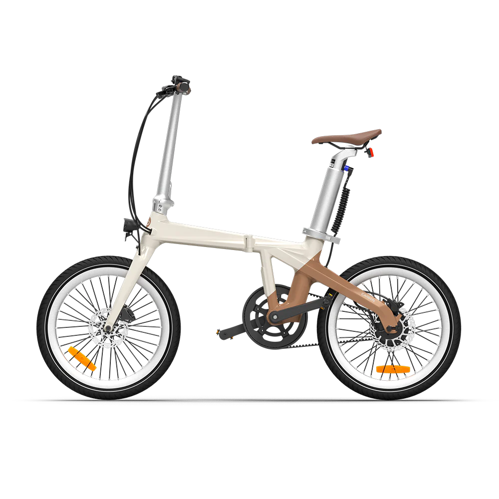 White folding bicycle with brown seat on a white background