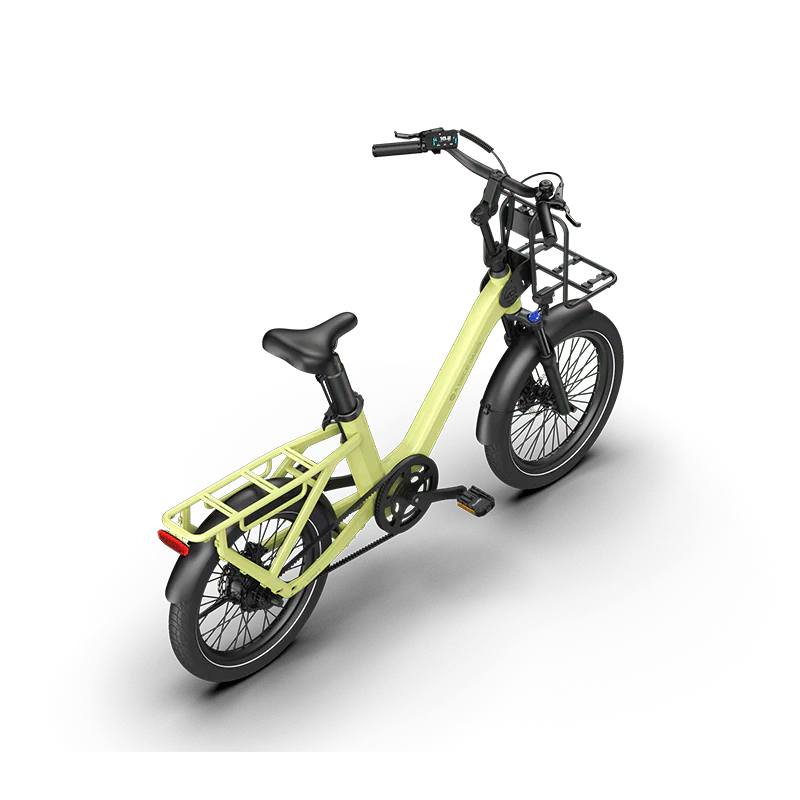 Yellow electric bike with a black seat and rear rack on a white background