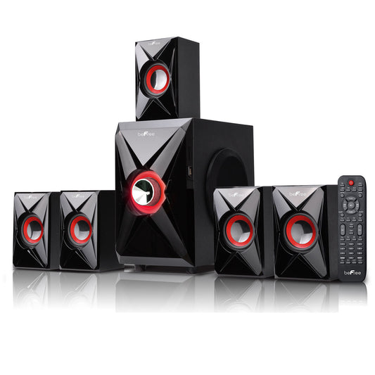 Black home theater speaker system with red accents on a white background