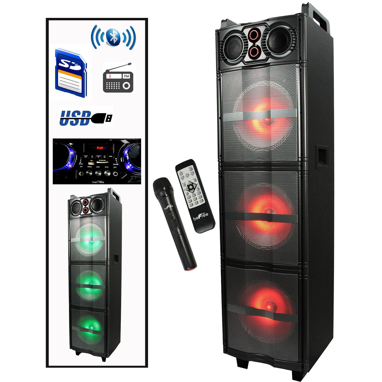 Black speaker with remote control and microphone, featuring connectivity icons on a white background.