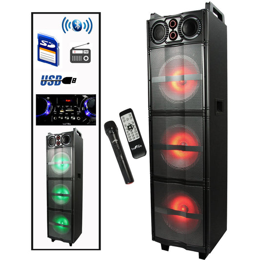 Black speaker with remote control and microphone, featuring connectivity icons on a white background.