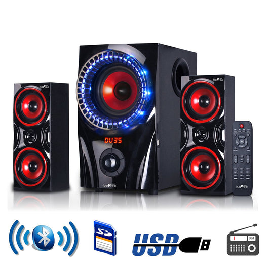 Home theater speaker system with Bluetooth, USB, and FM icons on a white background