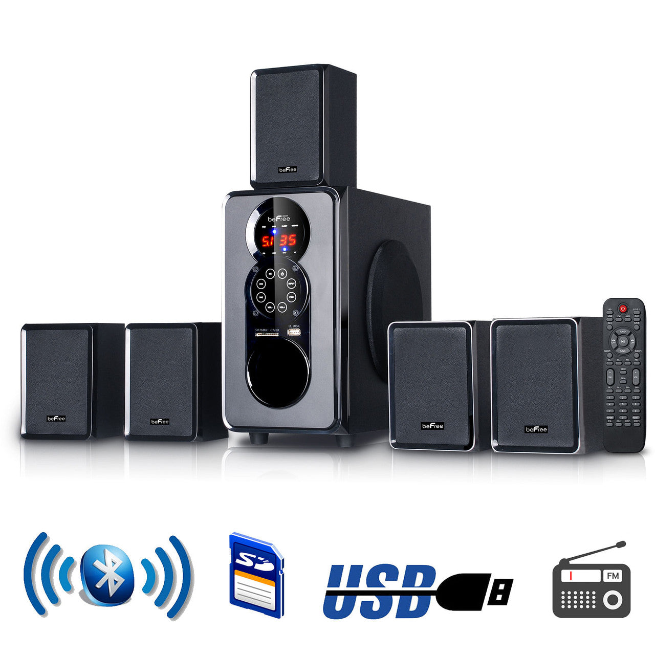 Home theater speaker system with control panel and remote on a white background