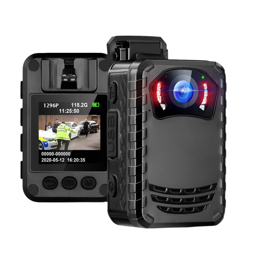 Body camera with screen displaying video feed on a white background