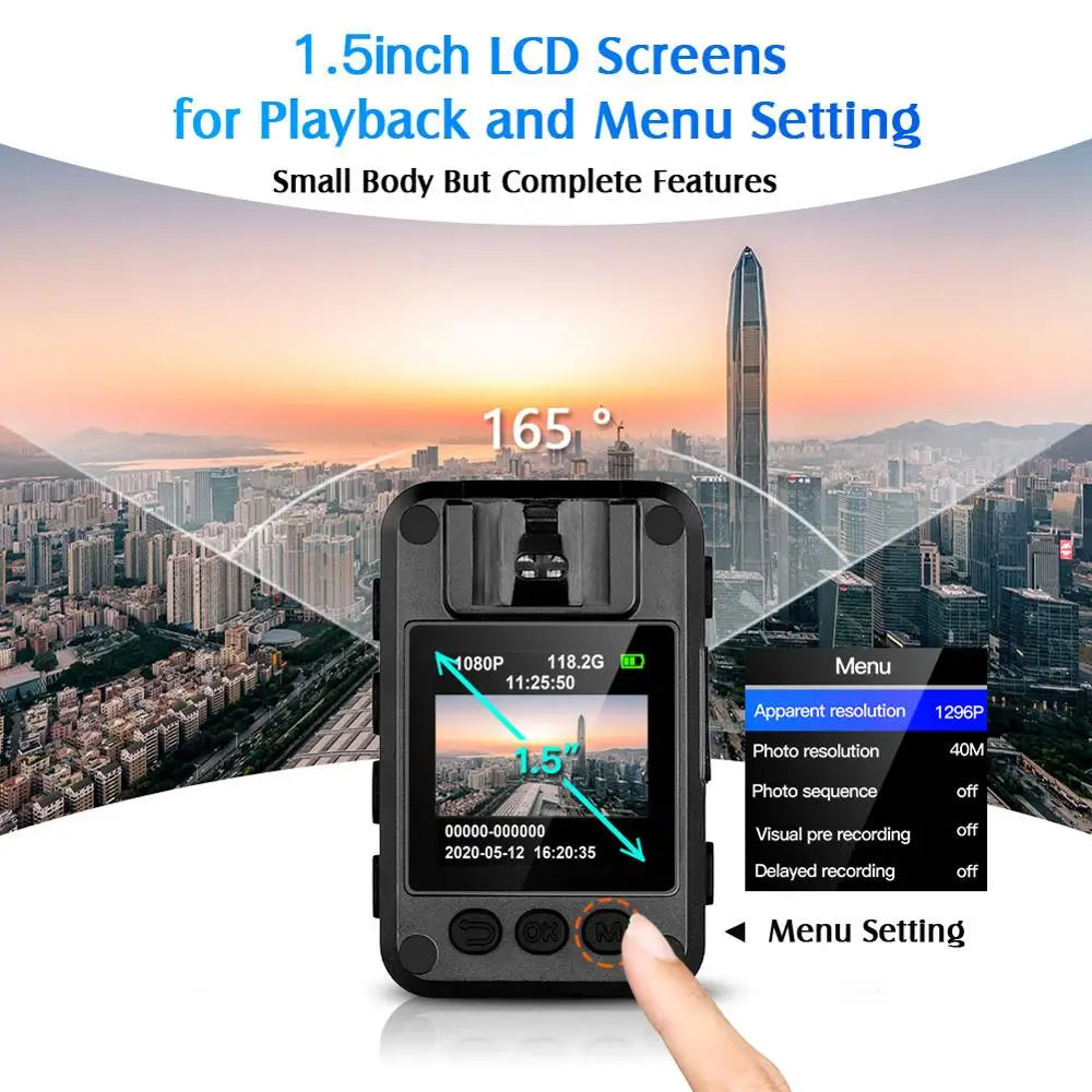 Small device with 1.5-inch LCD screen displaying settings against a cityscape background