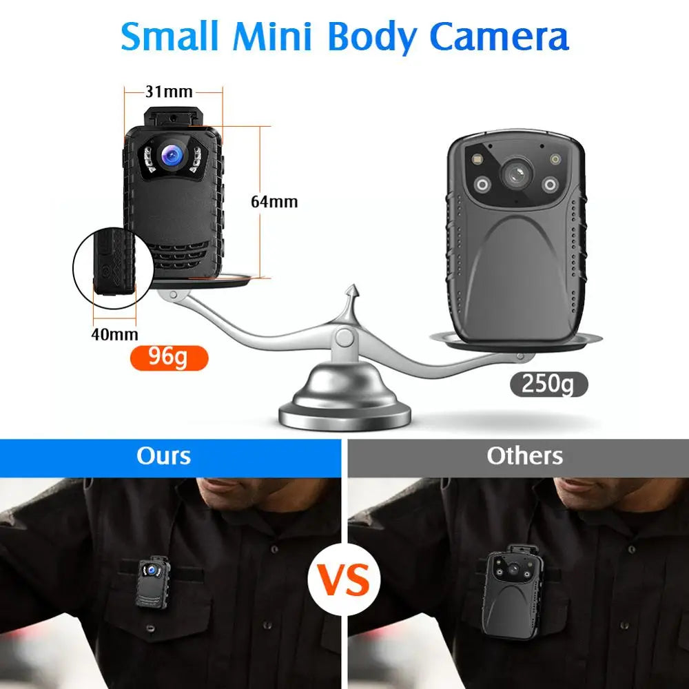 Comparison of a small mini body camera with measurements and weight details on a white background.