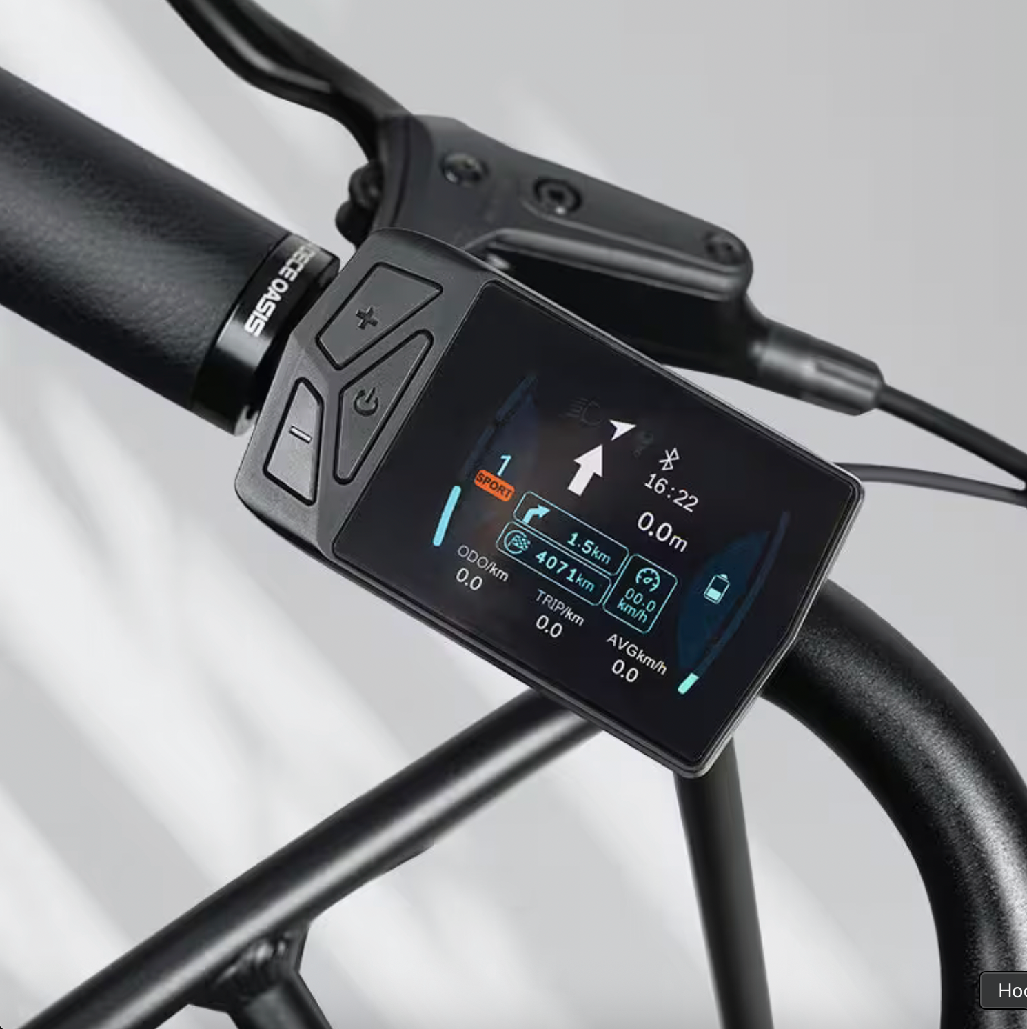 Bicycle handlebar with digital display on a light gray background