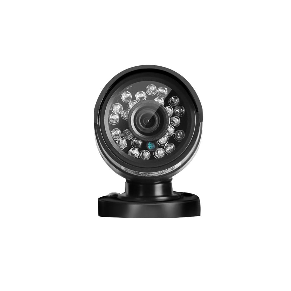 Black security camera with LED lights on a white background