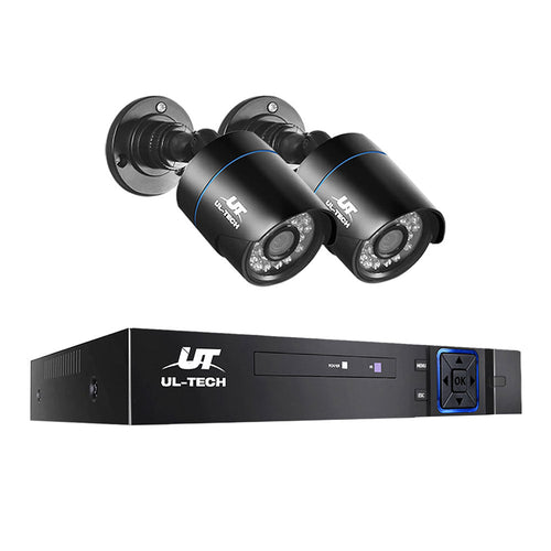 Two security cameras with a UL-Tech DVR on a white background