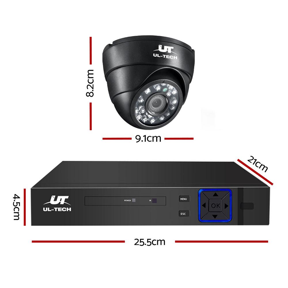 UL-Tech security camera and DVR with dimensions on a white background