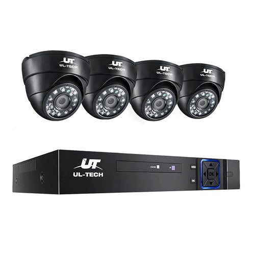 Set of four UL-Tech security cameras with a DVR on a white background