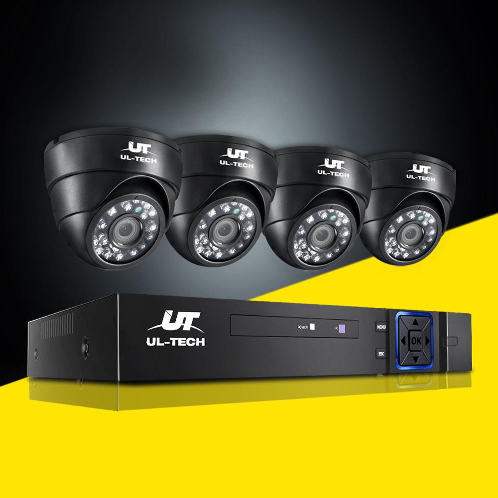 Four UL-Tech security cameras with a DVR on a black and yellow background
