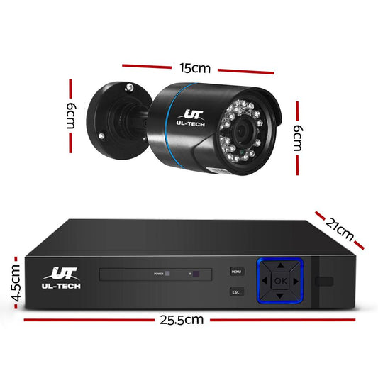 UL-Tech security camera and DVR with dimensions on a white background