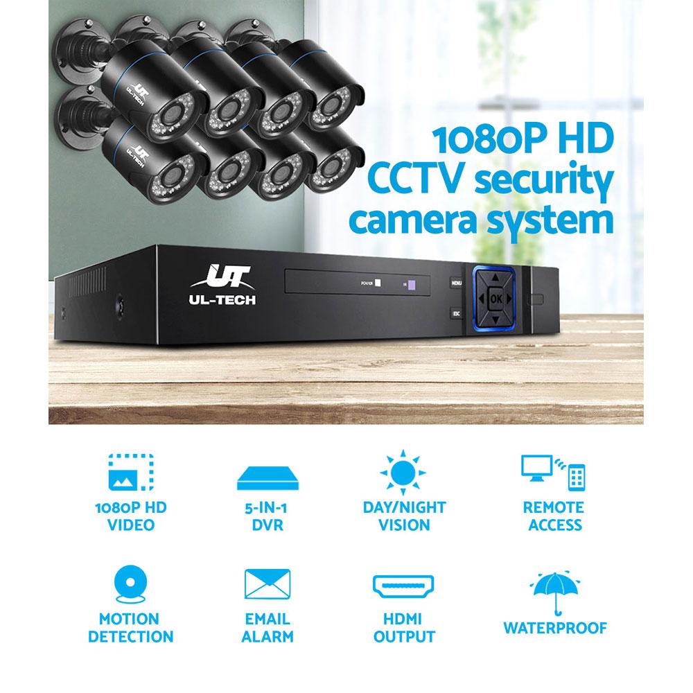 CCTV security camera system with 1080P HD resolution on a wooden surface.