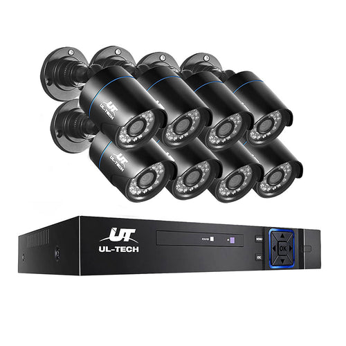 UL-Tech security camera system with eight black cameras and a black DVR on a white background