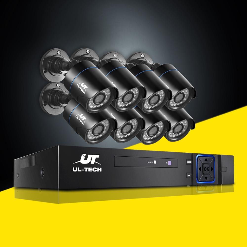 Set of security cameras with a UL-Tech DVR on a yellow and black background