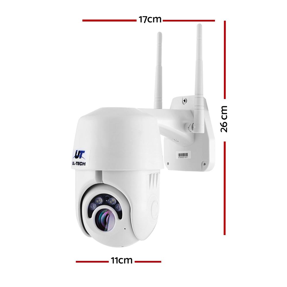 White security camera with antennas, dimensions labeled on a white background
