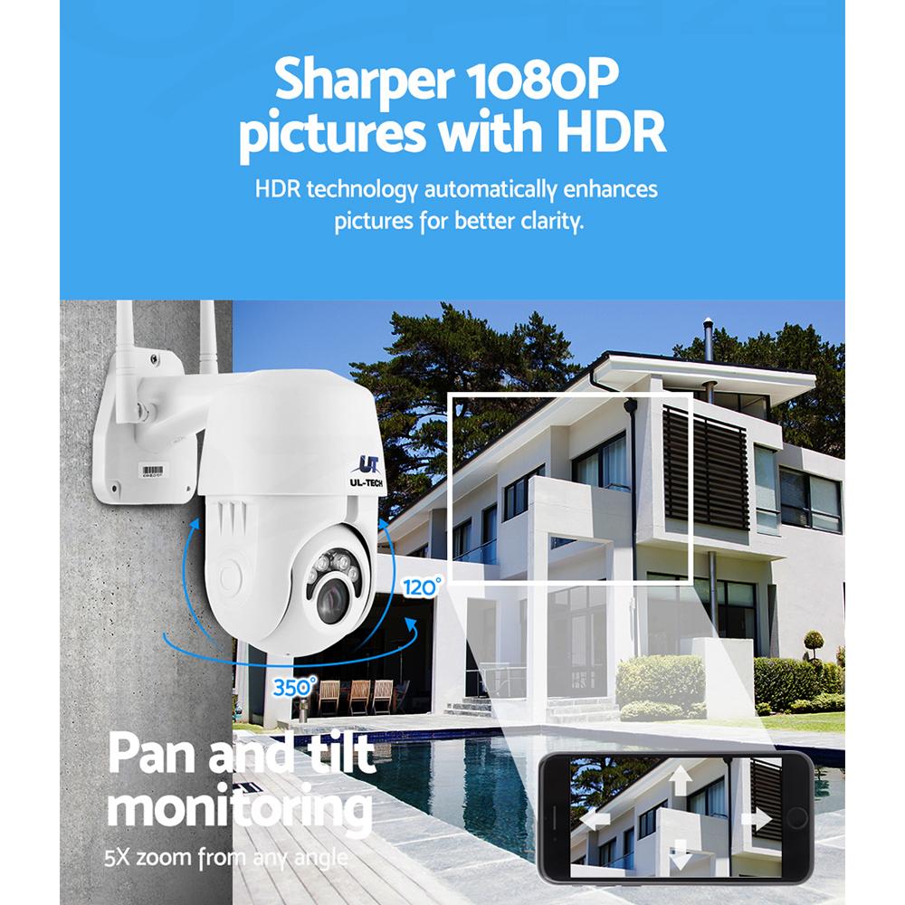 Security camera with 1080P HDR technology in front of a modern house.
