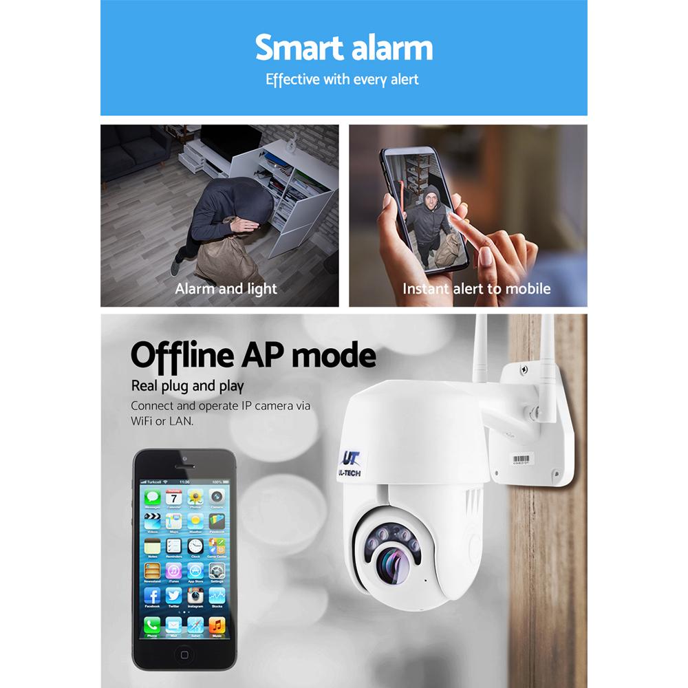 Smart alarm system with camera and smartphone app on a white background