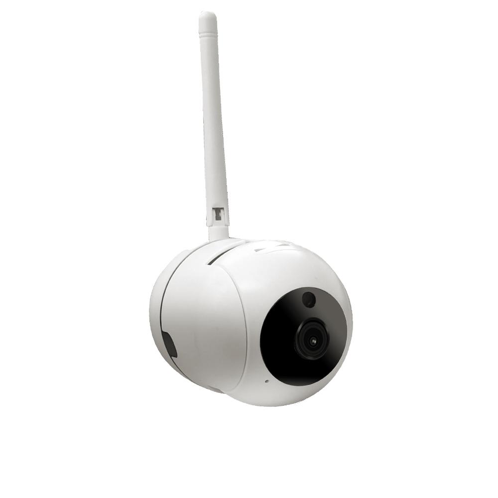 White security camera with a black lens on a white background