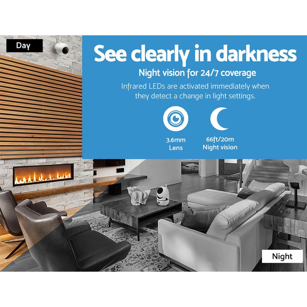 Living room with a security camera and night vision feature highlighted