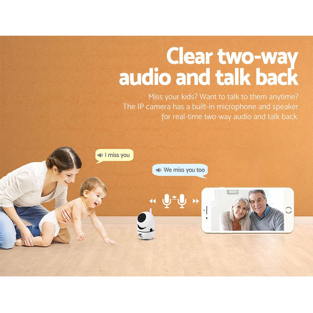 Woman and child with a baby monitor and smartphone showing grandparents, emphasizing two-way audio and talk back feature.