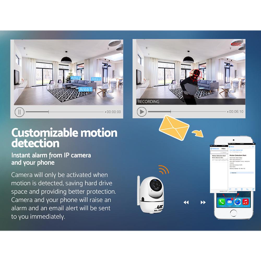 Advertisement for a security camera system with motion detection and smartphone app interface on a blue background.