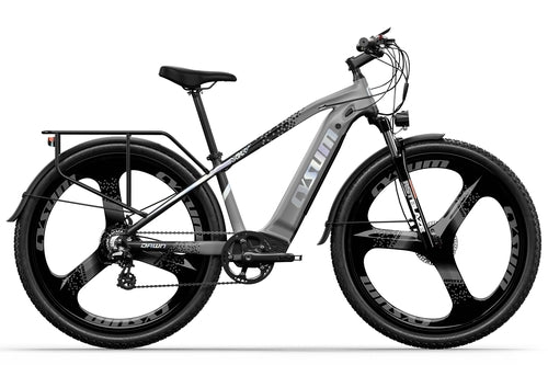 Electric bicycle with a gray frame and black tires on a white background