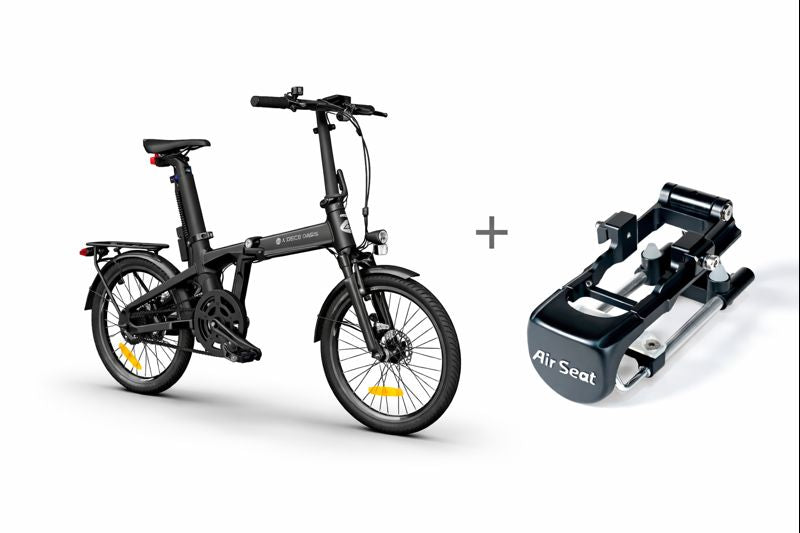 Folding bicycle and air seat attachment on a white background