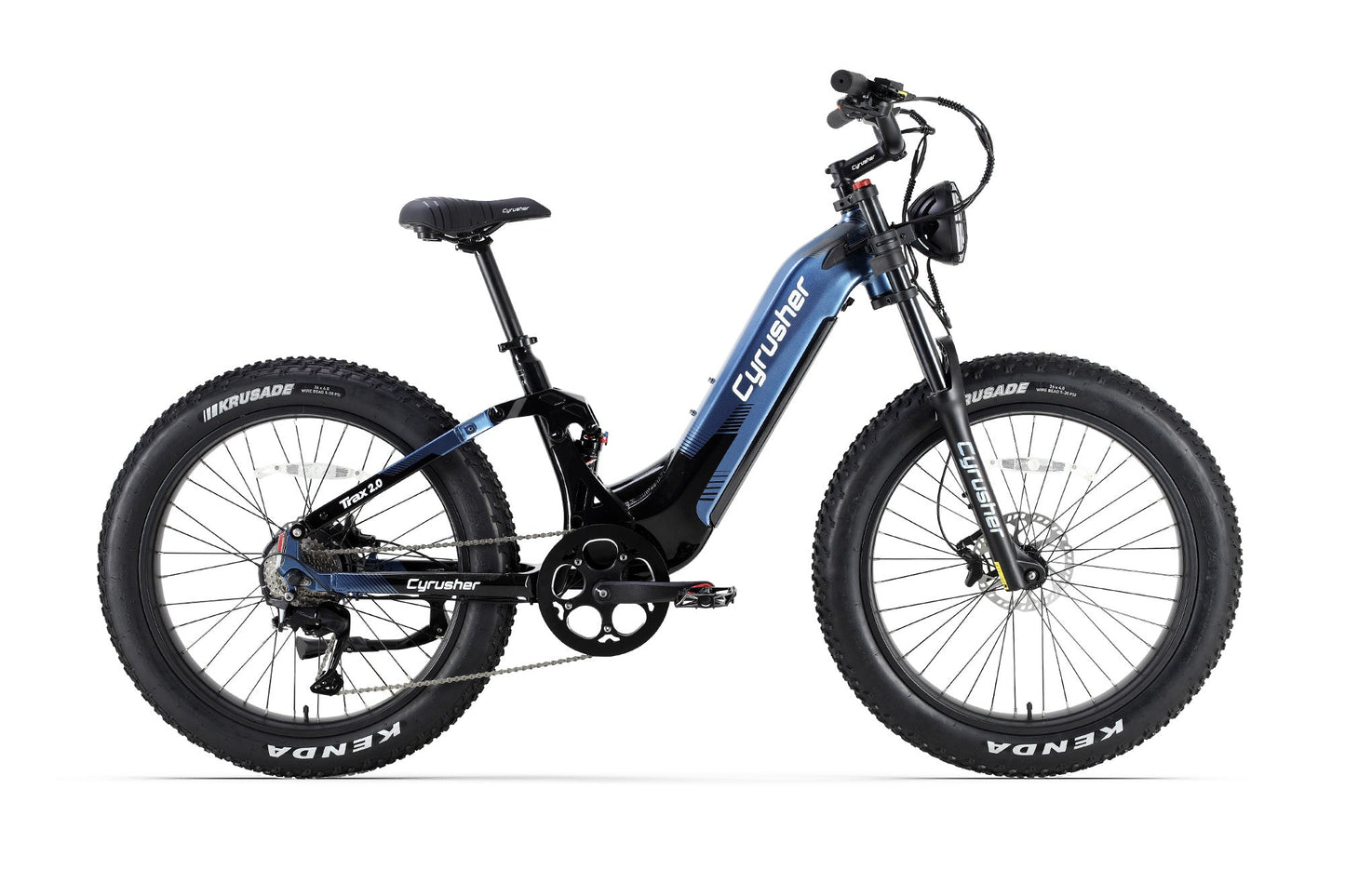 Black and blue electric bike with Kenda tires on a white background