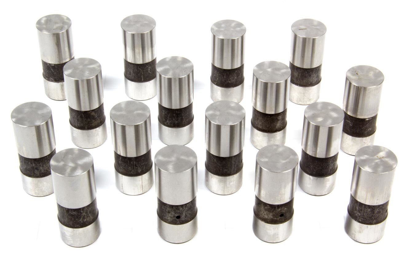Set of cylindrical metal components with black rubber bands on a white background.  Best automotive parts and accessory online shop. Axis-Dynamics.