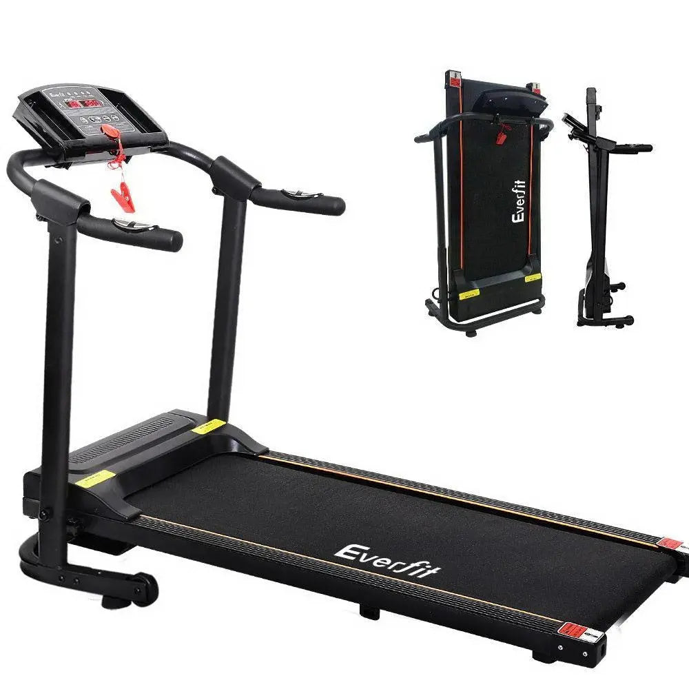 Black Everfit treadmill with folded and unfolded views on a white background