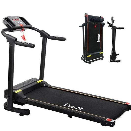 Black Everfit treadmill with folded and unfolded views on a white background