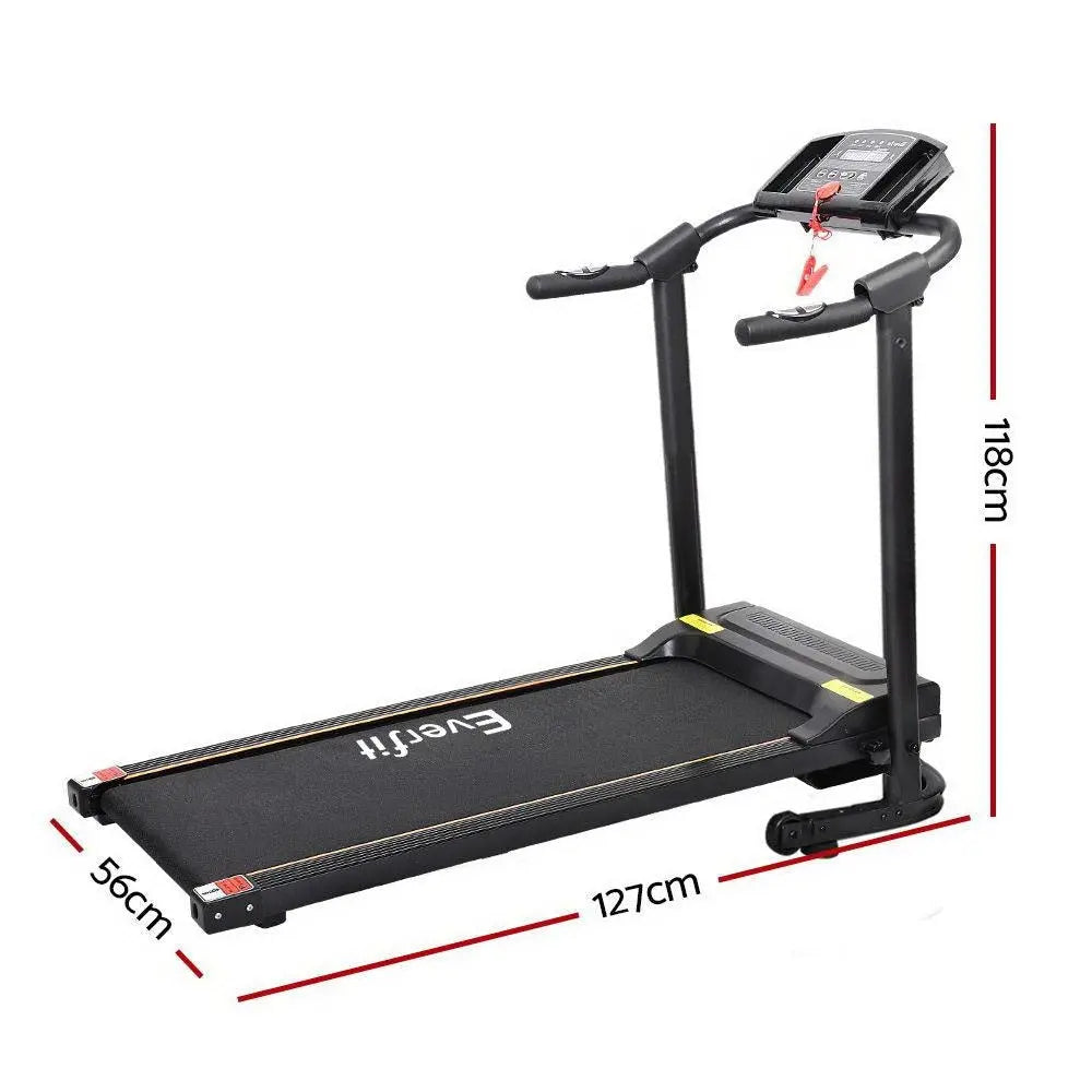 Portable treadmill with dimensions indicated on a white background