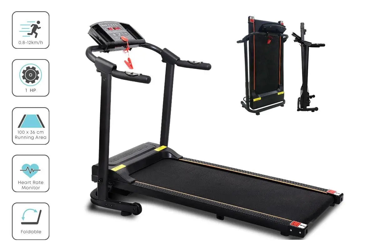 Black treadmill with features highlighted on a white background