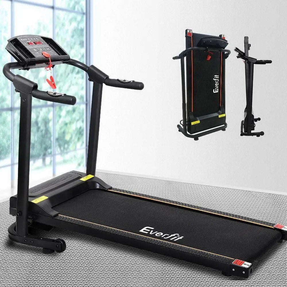 Foldable treadmill with Everfit branding on a gray floor.