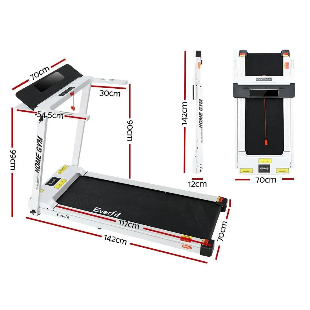 Portable treadmill with dimensions labeled on a white background