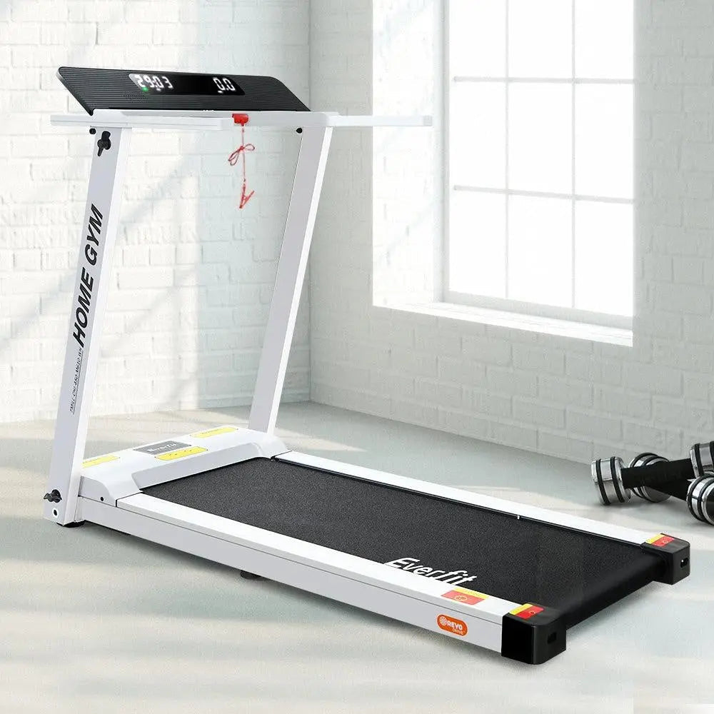 Treadmill with Everfit branding on a white floor and light gray wall background