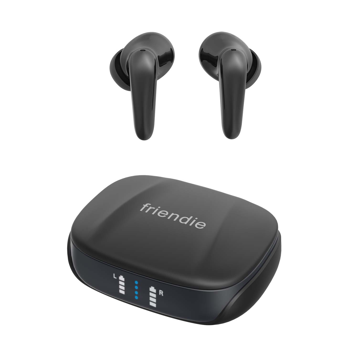 Black wireless earbuds with charging case on a white background, featuring the brand 'friendie'.