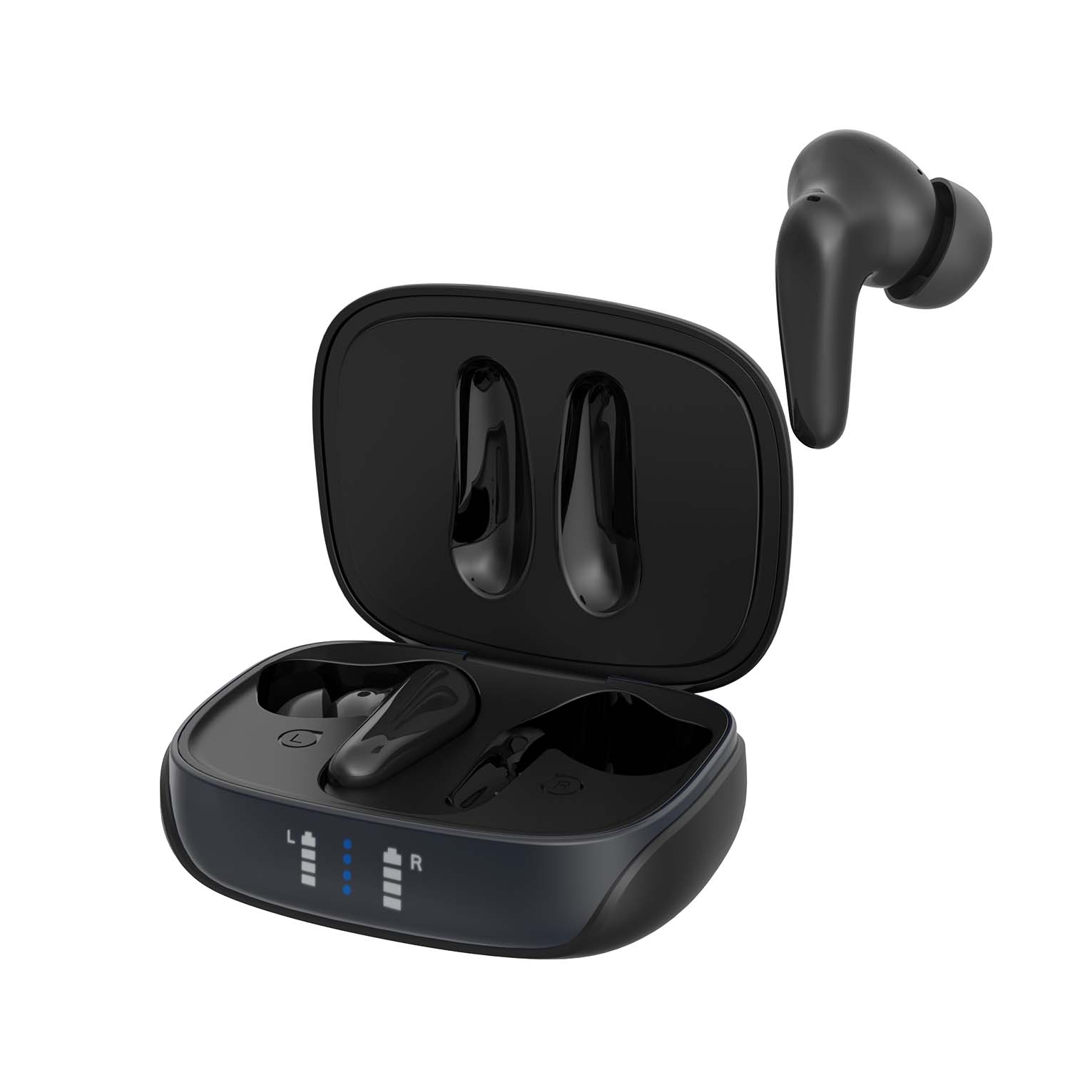 Black wireless earbuds with charging case on a white background