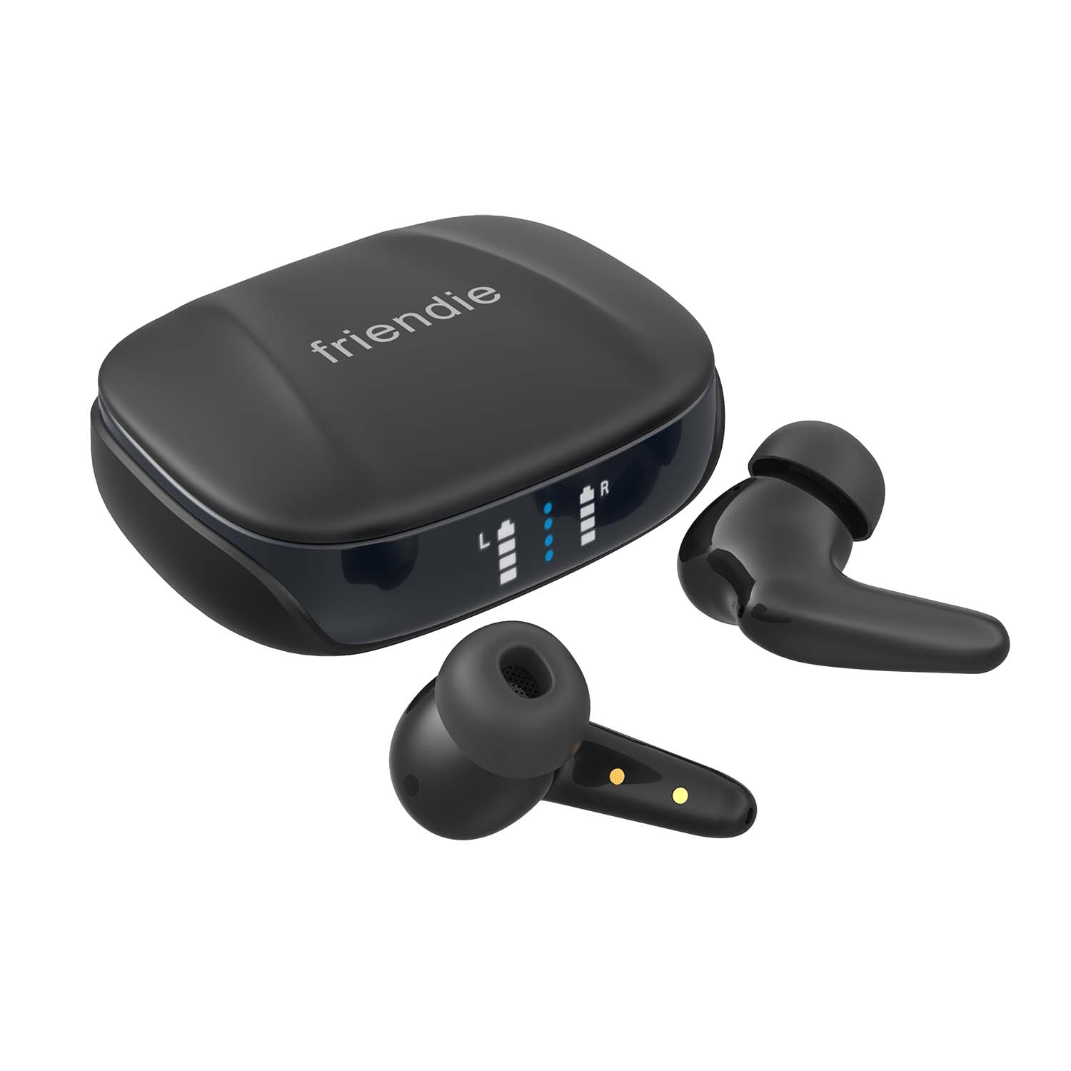 Black wireless earbuds with charging case on a white background, featuring the brand 'friendly'.