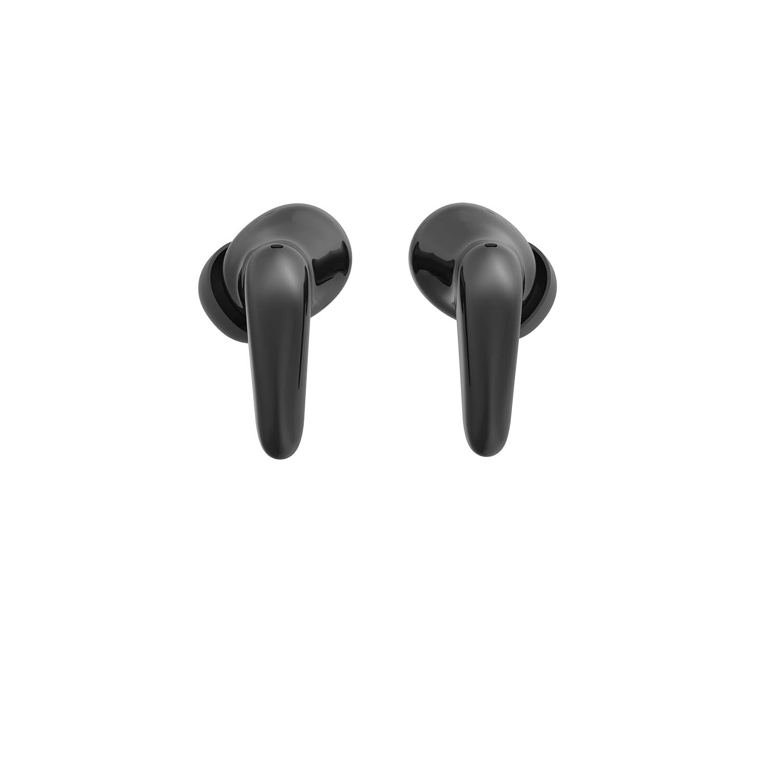 Black wireless earbuds on a white background