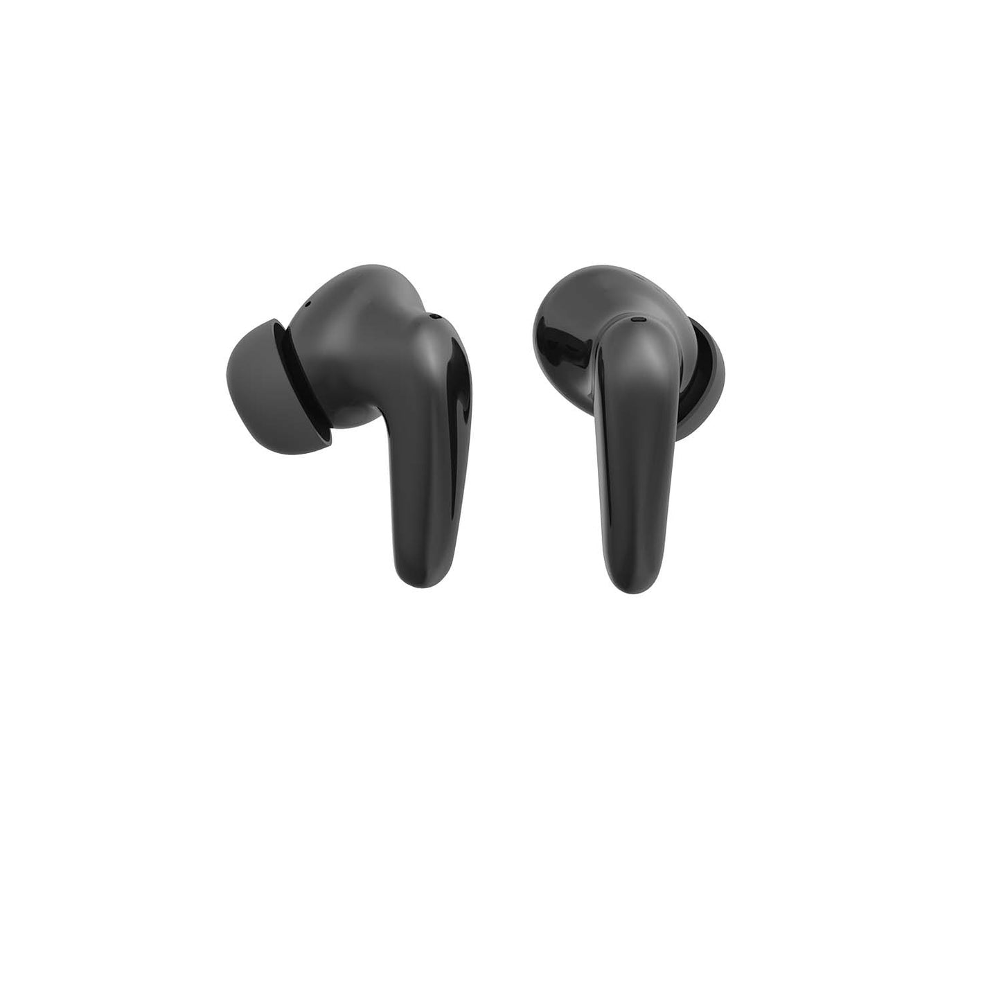 Black wireless earbuds on a white background