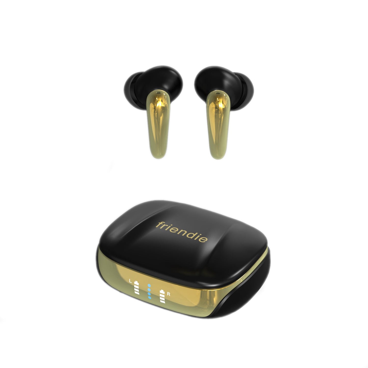 Black and gold wireless earbuds with charging case on a white background