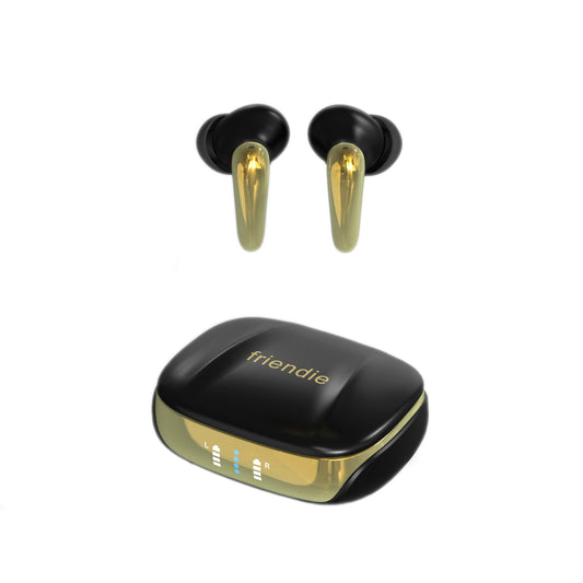 Black and gold wireless earbuds with charging case on a white background